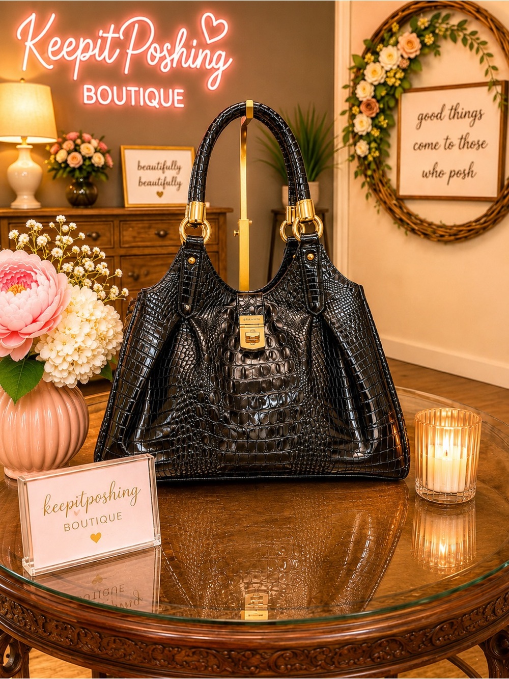 Brahmin Black Elisa Melbourne Shoulder Bag with Gold Hardware